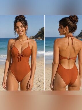 Niptuk Laceup one piece swimsuit burnt orange Sz CAN10/US8